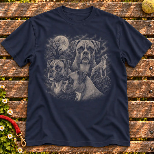 Boxer 90s Moon design on a Navy T-shirt shown flat