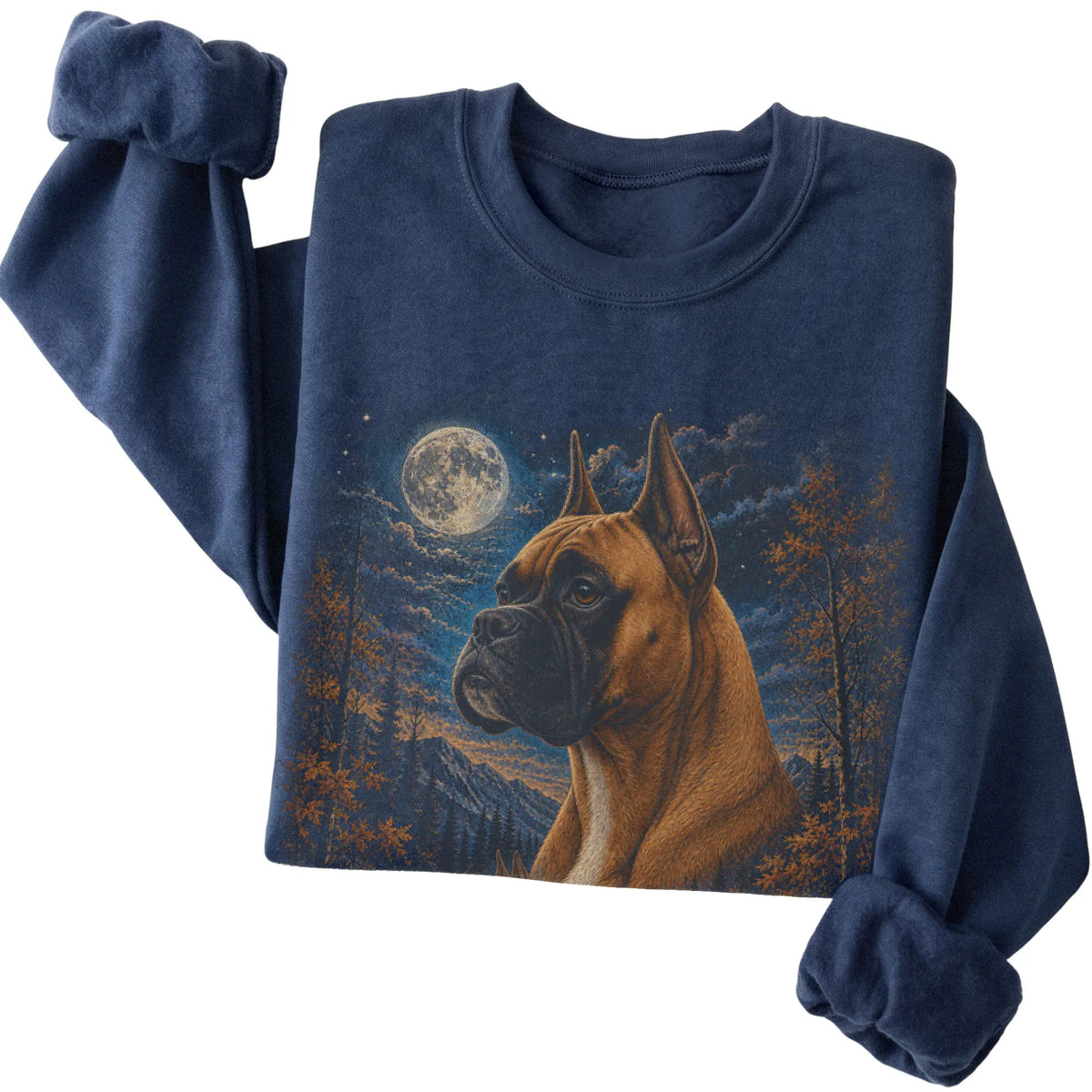 Folded navy sweatshirt with Boxer Autumn Moon artwork.