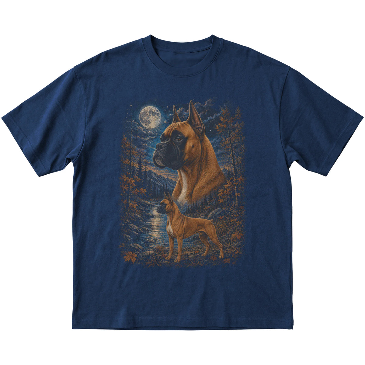 navy T-shirt with Boxer Autumn Moon artwork.