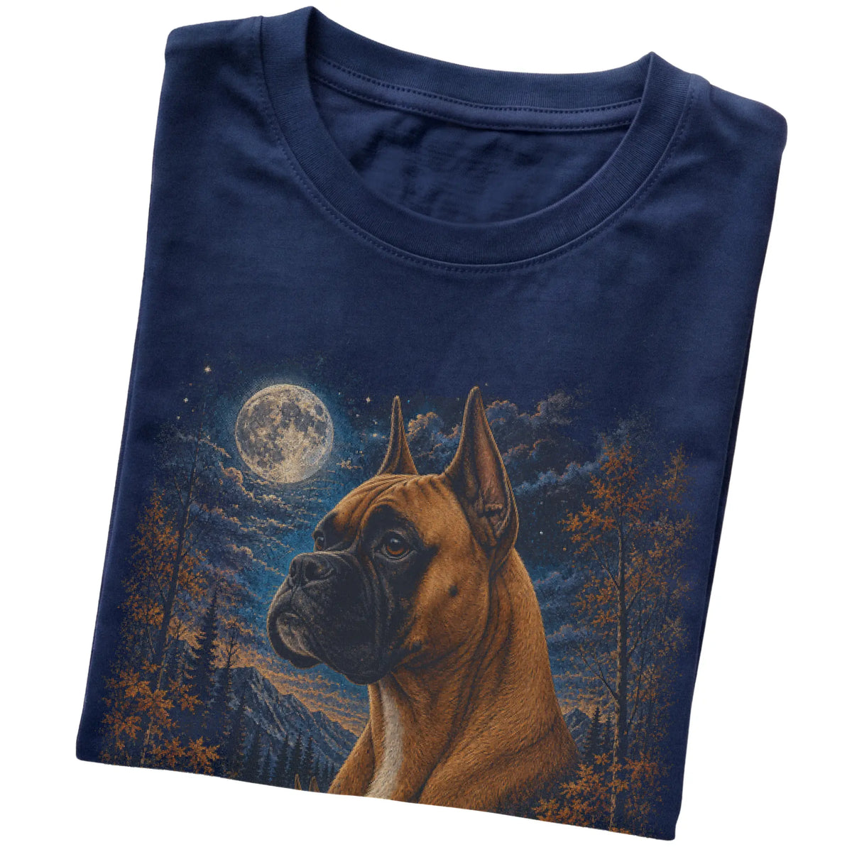 Folded navy T-shirt with Boxer Autumn Moon artwork.