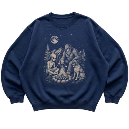 Navy Boxer Camping with Bigfoot and Alien shirt laid flat