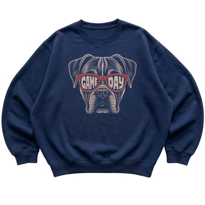 Navy Boxer Game Day Sunglasses sweatshirt, laid flat