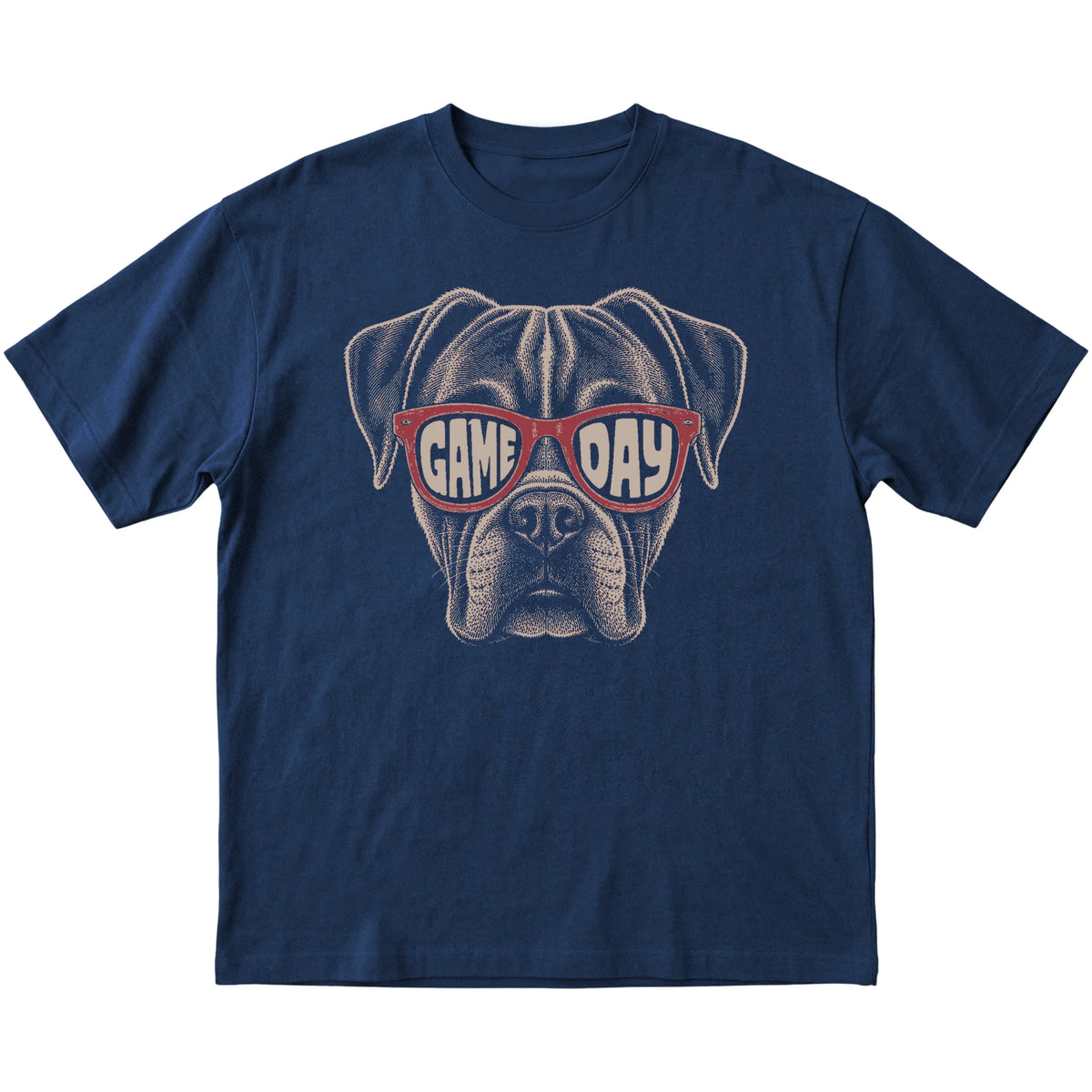 Navy Boxer Game Day Sunglasses T-shirt, laid flat