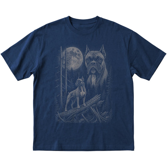 Boxer Moonlit Forest graphic on a navy Softstyle T-shirt laid flat