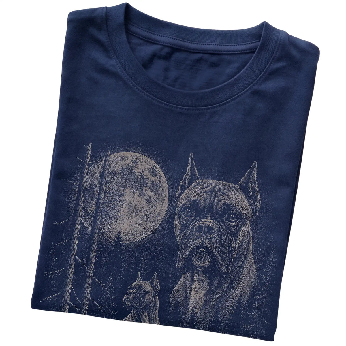 Folded navy Softstyle T-shirt showing the Boxer Moonlit Forest graphic