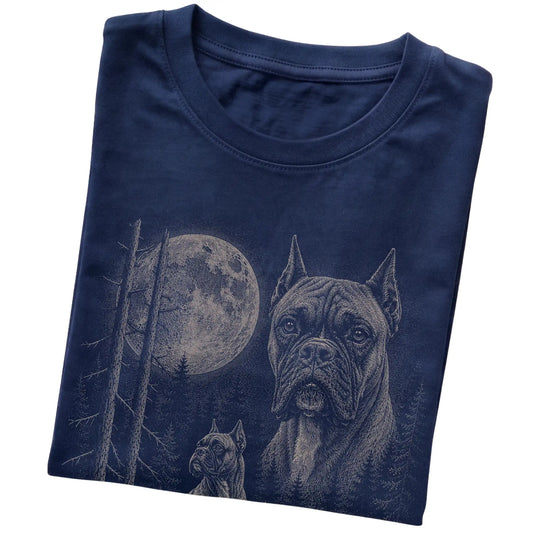 Folded navy Softstyle T-shirt showing the Boxer Moonlit Forest graphic