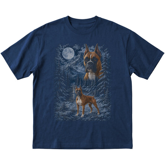 navy T-shirt with Boxer Winter Moon artwork.