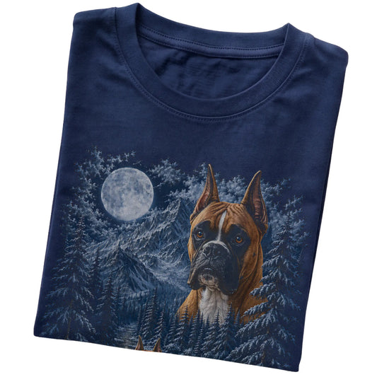Folded navy T-shirt with Boxer Winter Moon artwork.