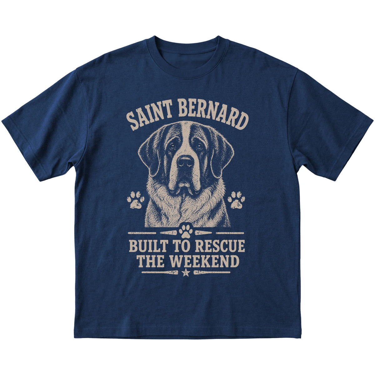 Navy T-shirt featuring Built To Rescue The Weekend - Saint Bernard, laid-flat presentation