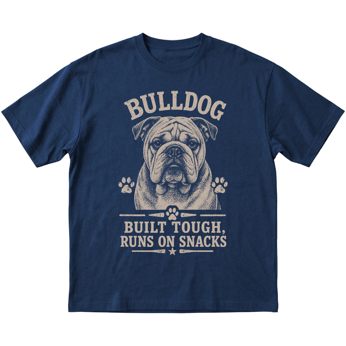 Navy T-shirt featuring Built Tough, Runs On Snacks - Bulldog, laid-flat presentation