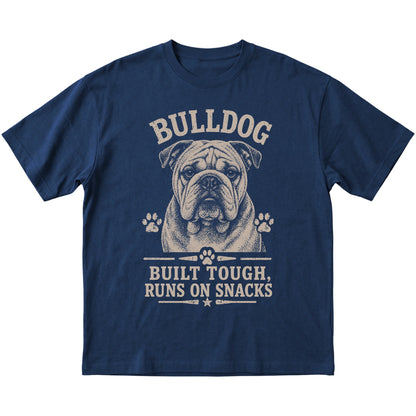 Navy T-shirt featuring Built Tough, Runs On Snacks - Bulldog, laid-flat presentation