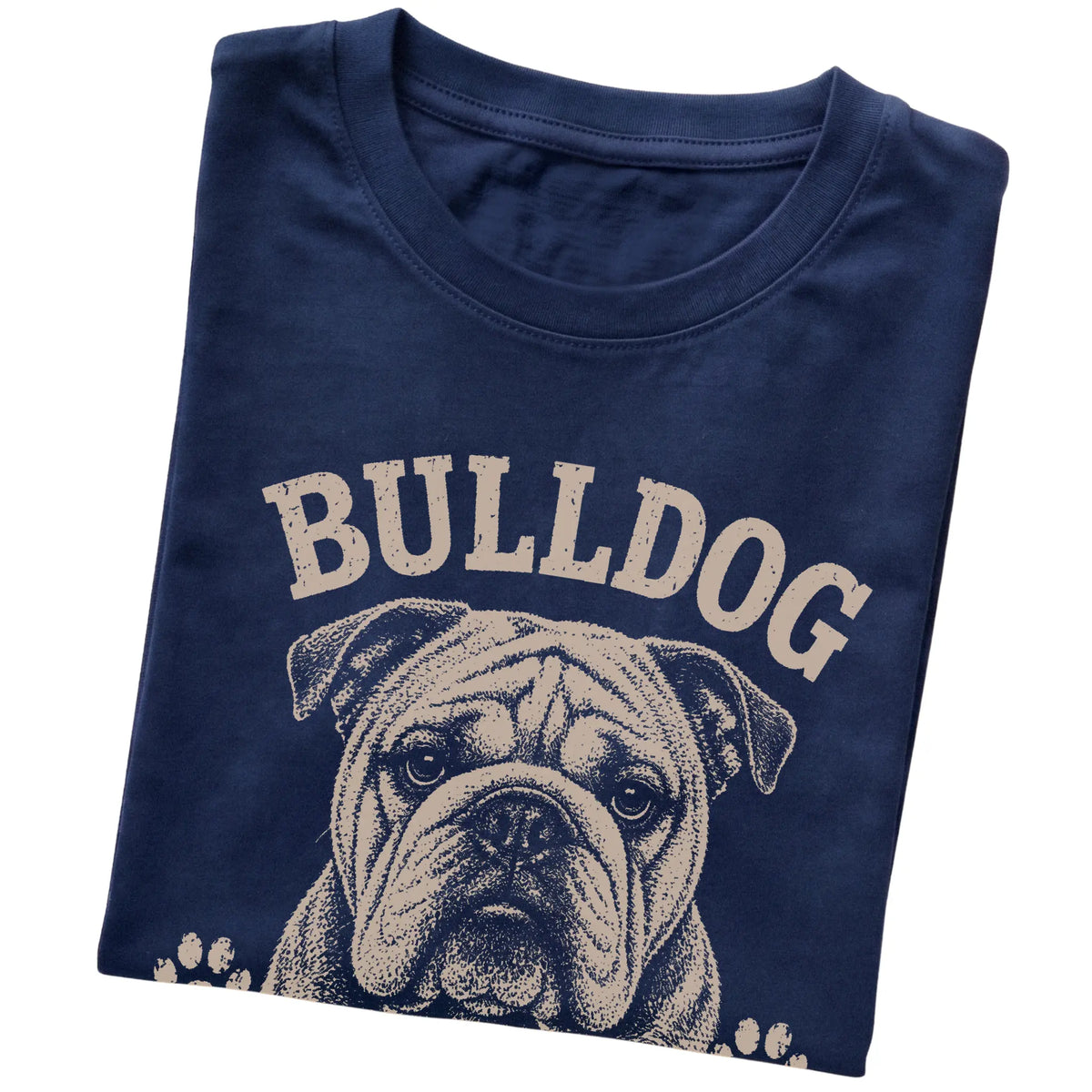 Navy T-shirt featuring Built Tough, Runs On Snacks - Bulldog, folded presentation