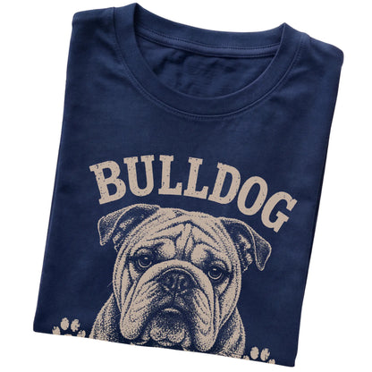 Navy T-shirt featuring Built Tough, Runs On Snacks - Bulldog, folded presentation