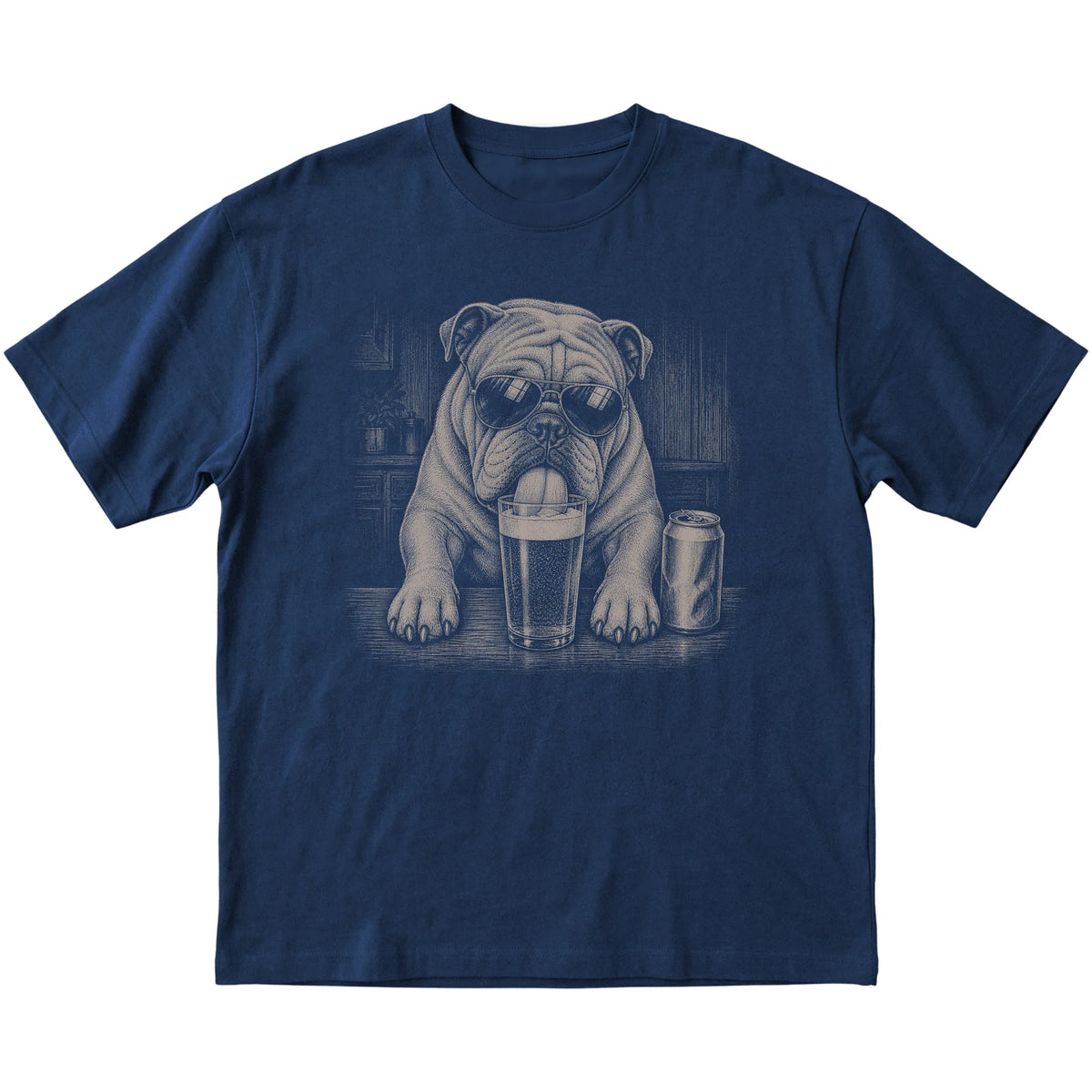Navy English Bulldog drinking from a pint at a bar, laid flat