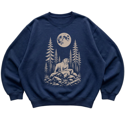 Close view of Bulldog Howling at the Moon artwork on Navy crewneck sweatshirt