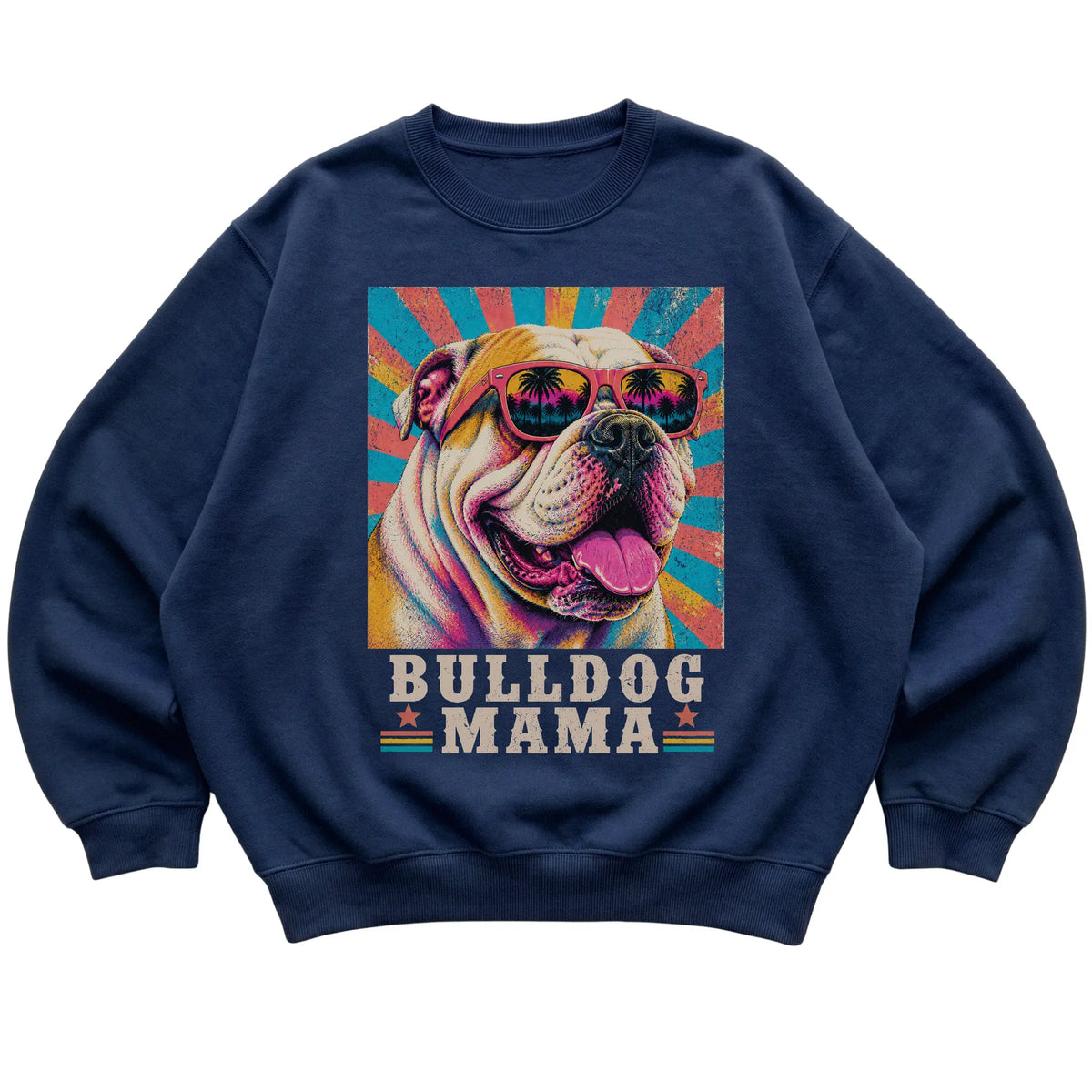 Retro Bulldog Mama design on a Navy crewneck sweatshirt