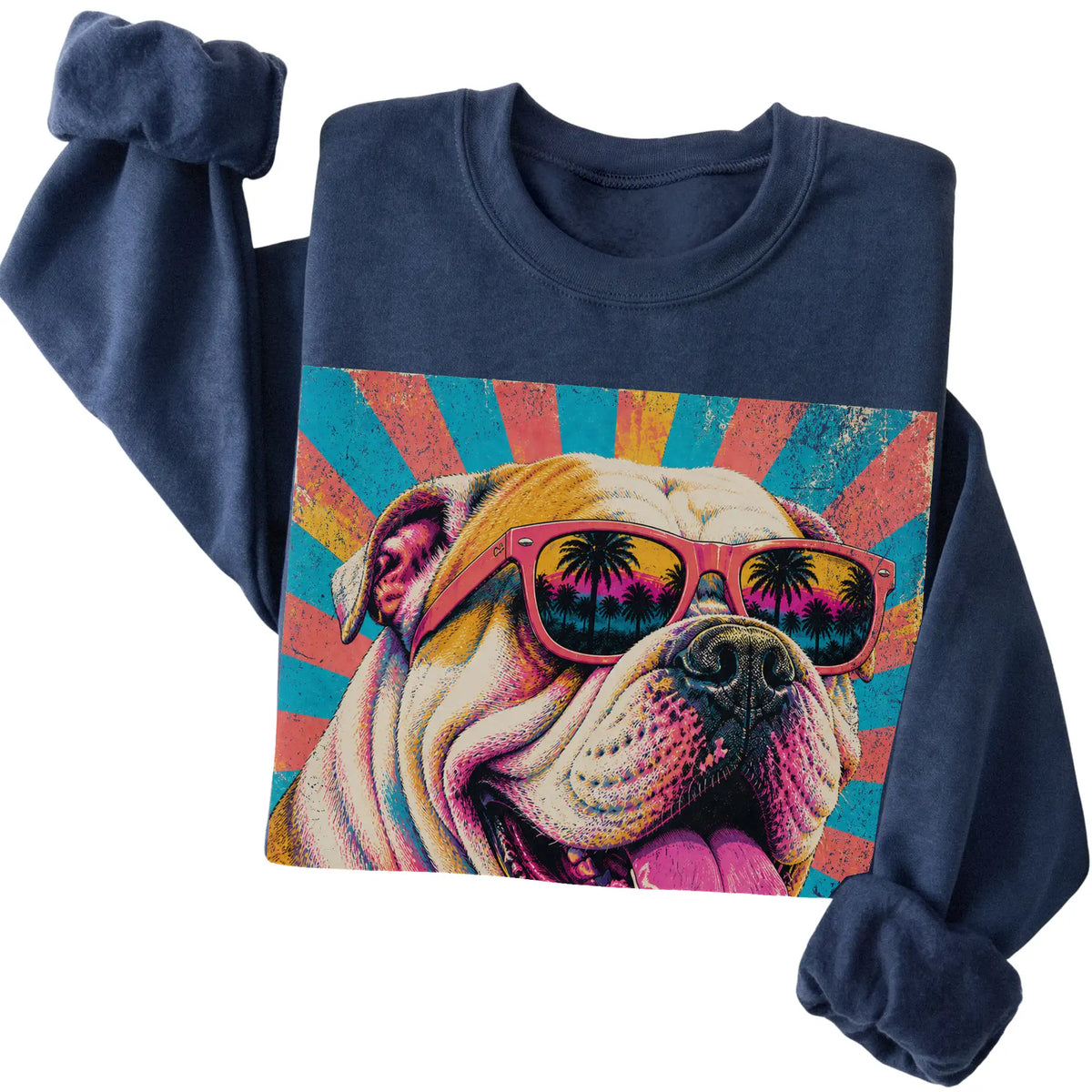 Folded Navy crewneck sweatshirt with a Retro Bulldog Mama design