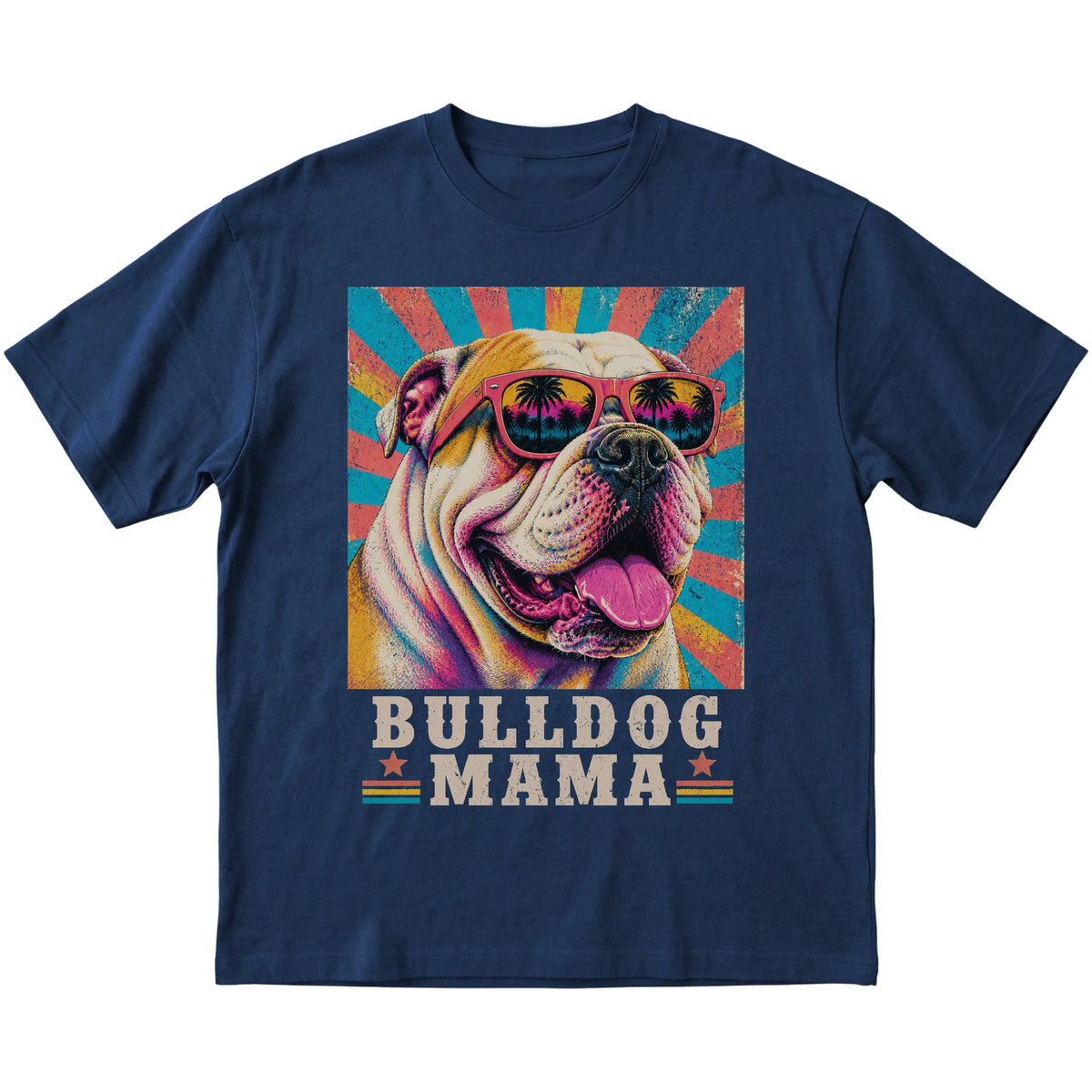 Retro Bulldog Mama design on a Navy softstyle T-shirt