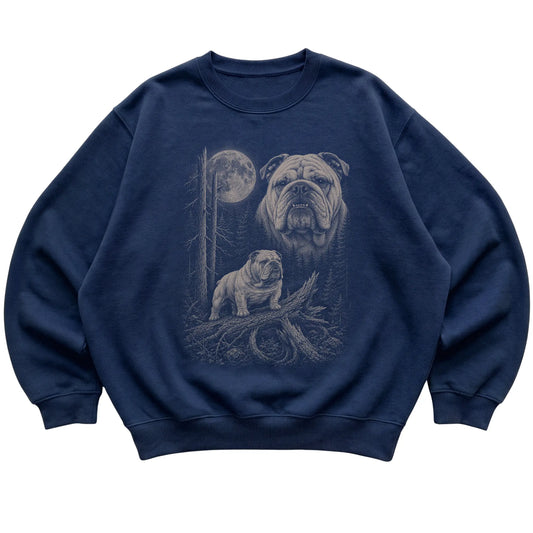 Bulldog Moonlit Forest graphic on a navy crewneck sweatshirt laid flat