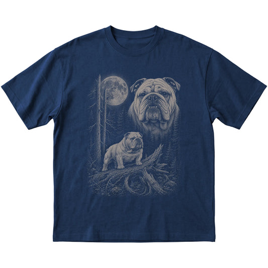 Bulldog Moonlit Forest graphic on a navy Softstyle T-shirt laid flat