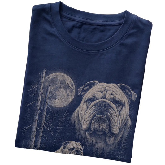 Folded navy Softstyle T-shirt showing the Bulldog Moonlit Forest graphic