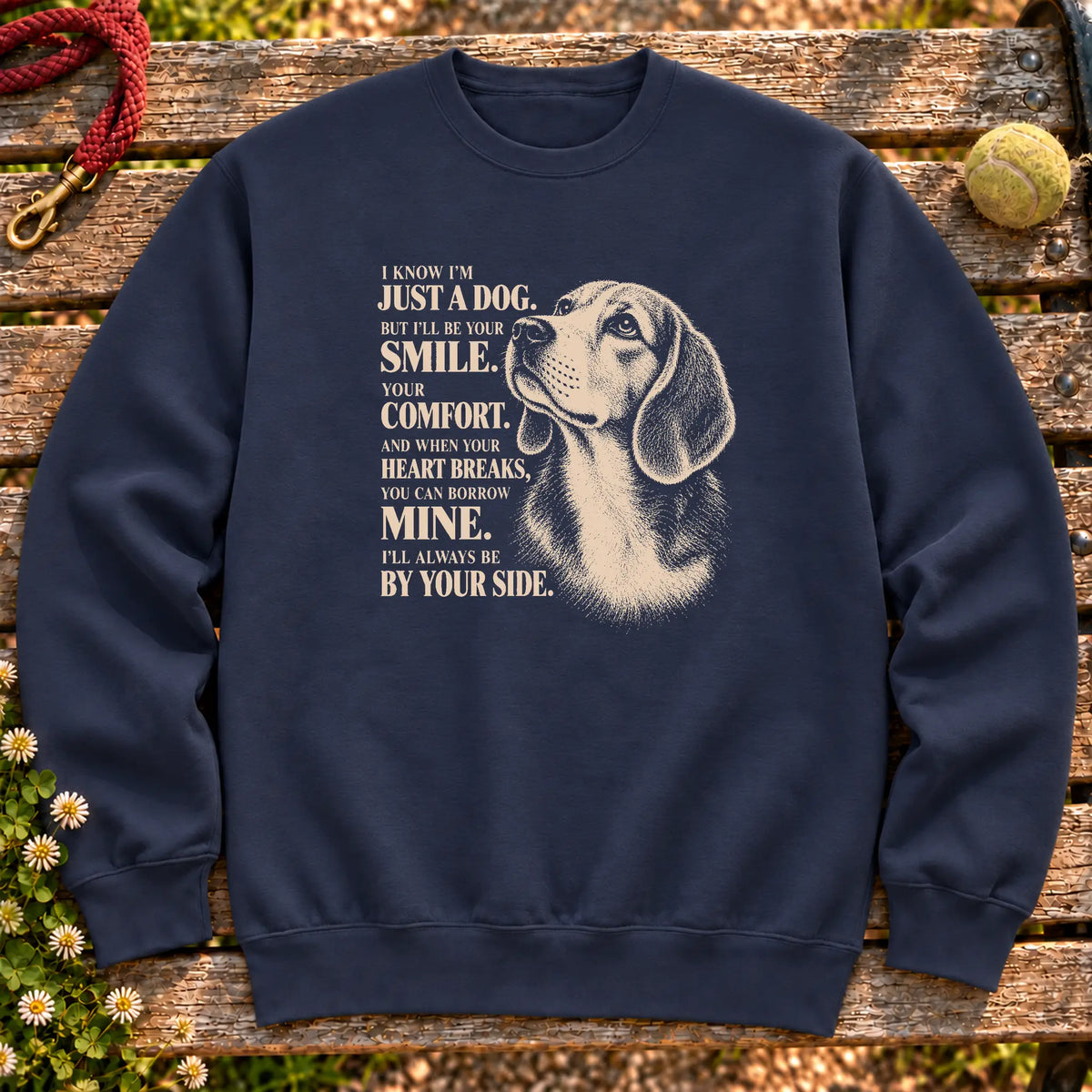 Navy Gildan® crewneck sweatshirt featuring the Beagle By Your Side design.