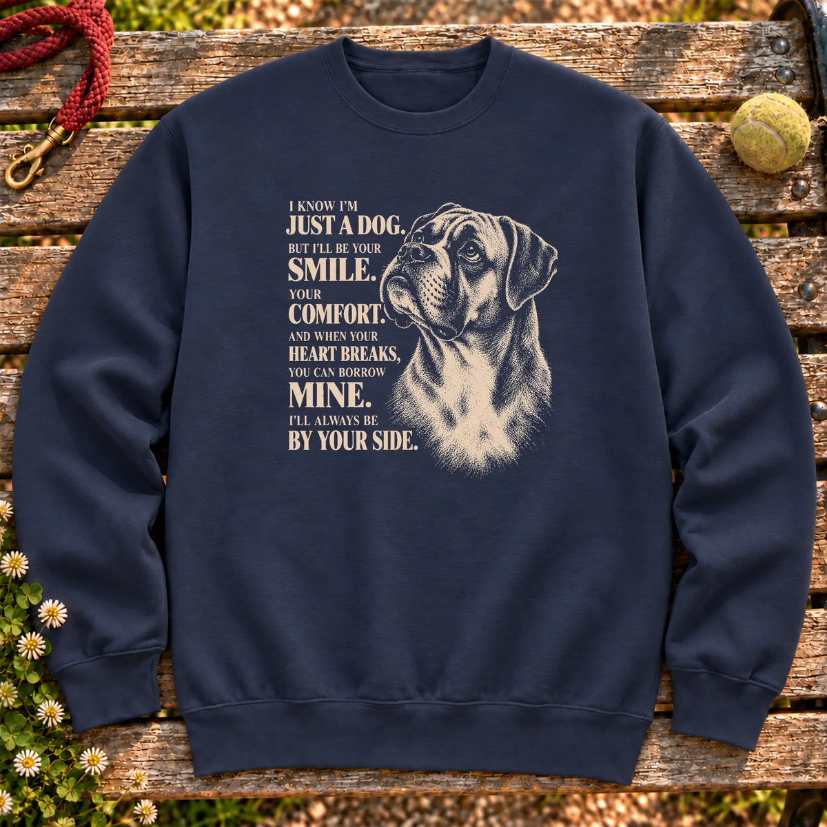 Navy Gildan® crewneck sweatshirt featuring the Boxer By Your Side design.