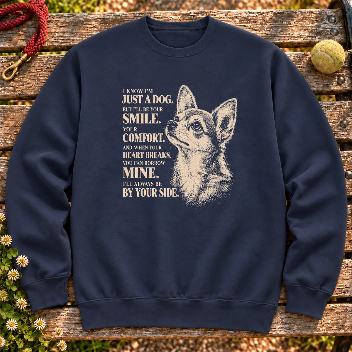 Navy Gildan® crewneck sweatshirt featuring the Chihuahua By Your Side design.