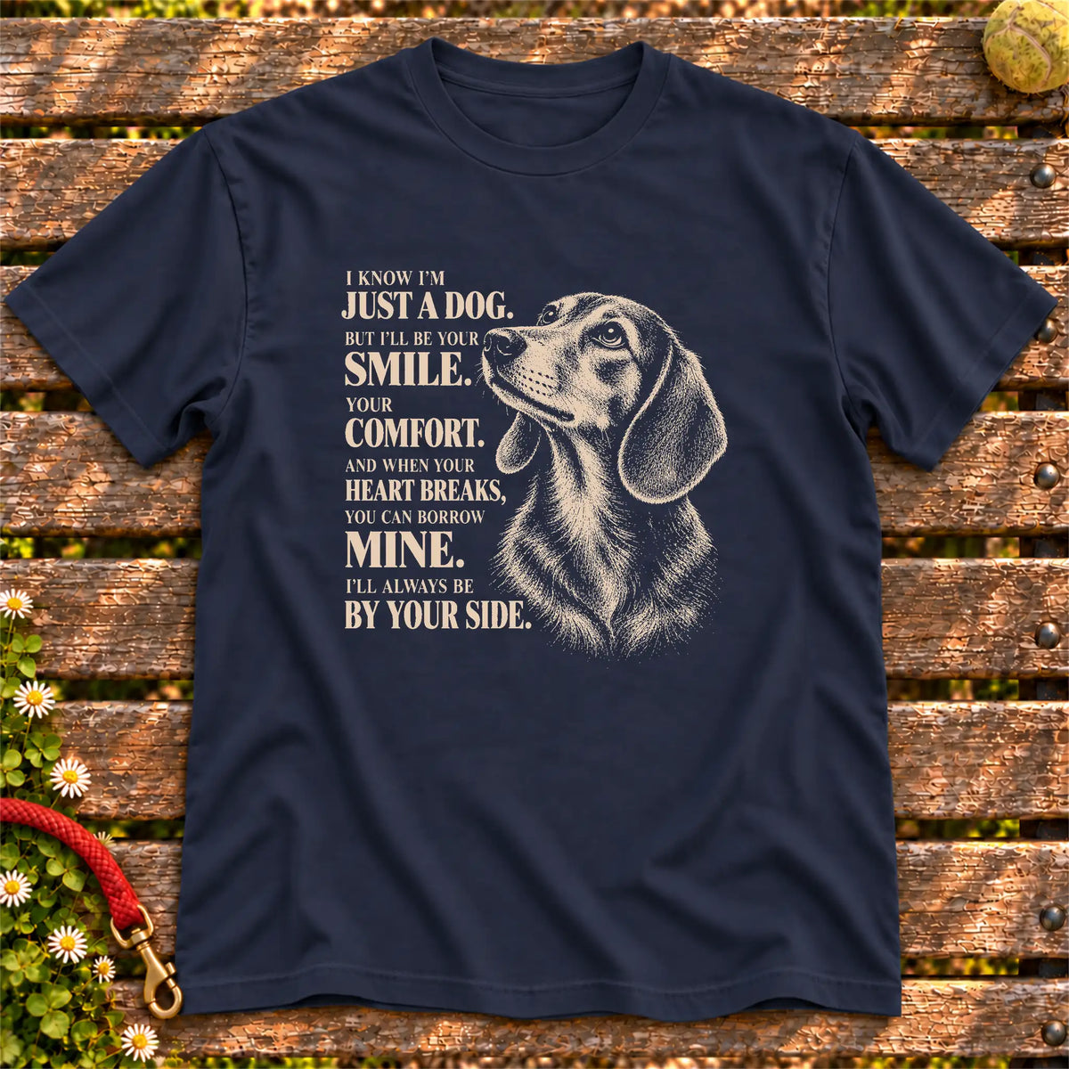 Navy Gildan® Softstyle T-shirt featuring the Dachshund By Your Side design.
