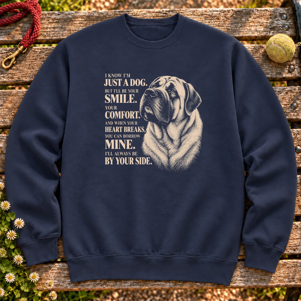 Navy Gildan® crewneck sweatshirt featuring the Mastiff By Your Side design.
