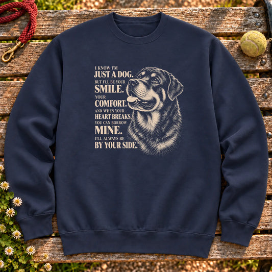 Navy Gildan® crewneck sweatshirt featuring the Rottweiler By Your Side design.