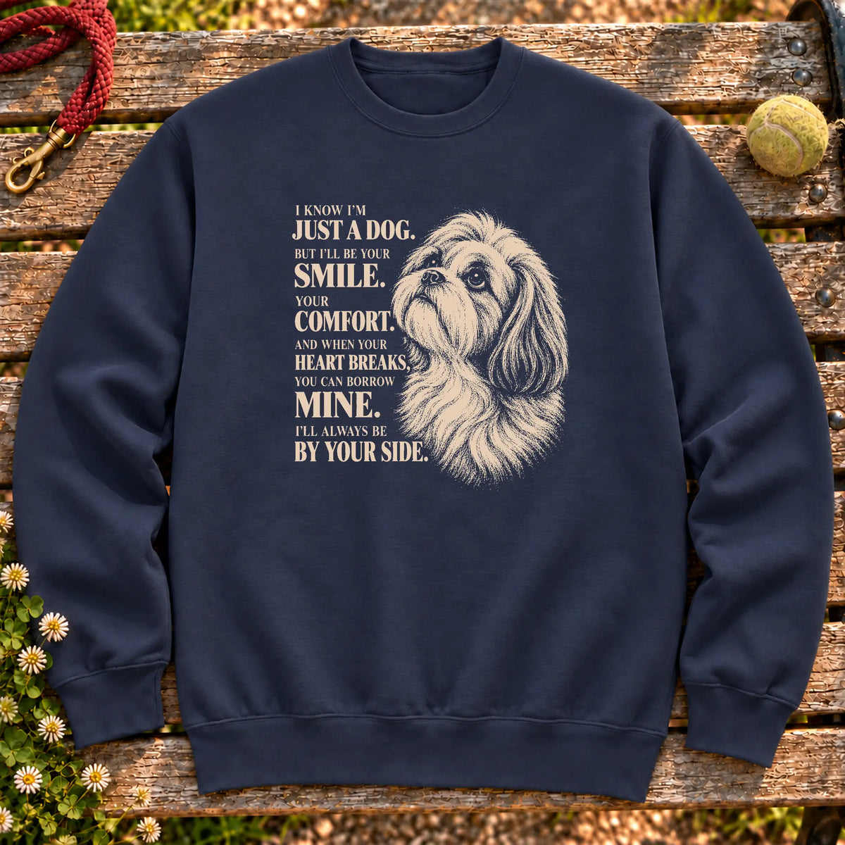 Navy Gildan® crewneck sweatshirt featuring the Shih Tzu By Your Side design.