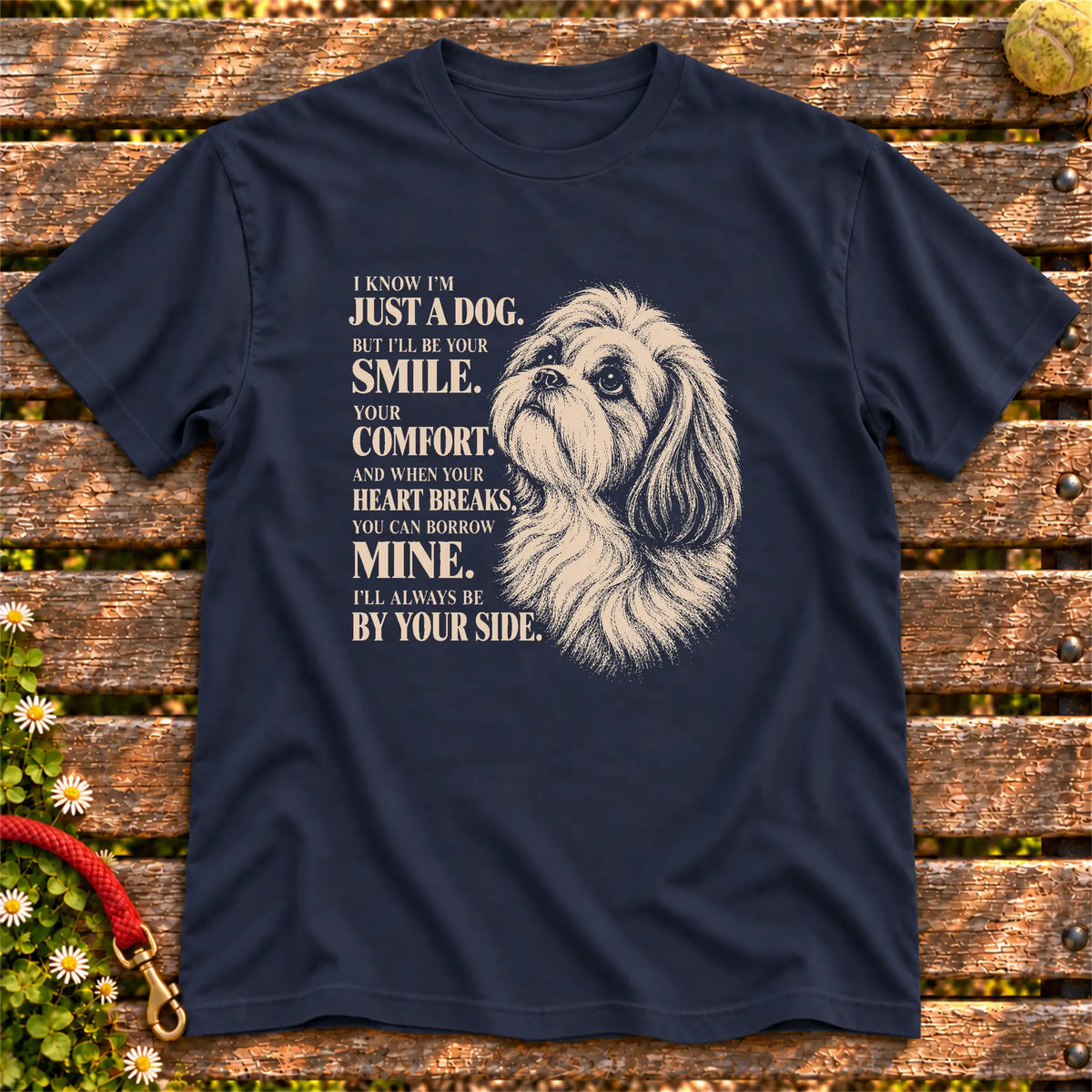 Navy Gildan® Softstyle T-shirt featuring the Shih Tzu By Your Side design.
