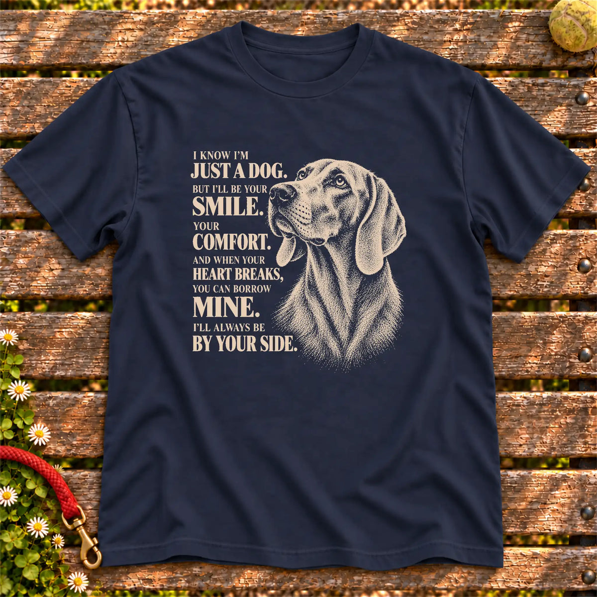Navy Gildan® Softstyle T-shirt featuring the Weimaraner By Your Side design.