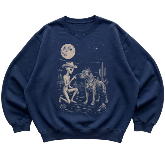 Navy crewneck sweatshirt featuring Cane Corso Cowboy and Alien, laid-flat presentation