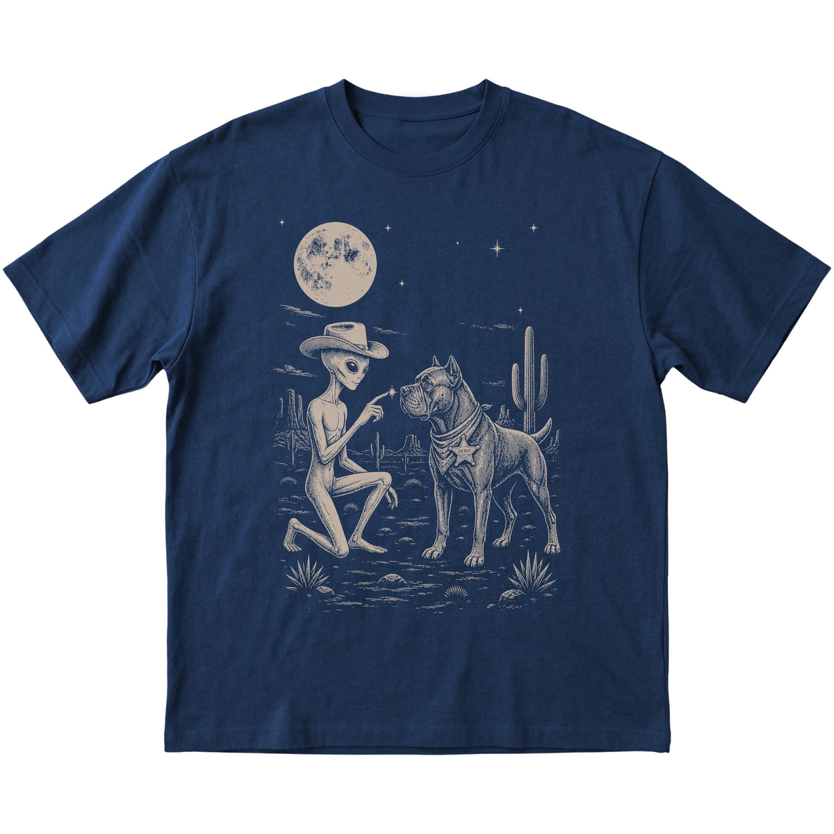 Navy T-shirt featuring Cane Corso Cowboy and Alien, laid-flat presentation