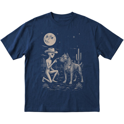 Navy T-shirt featuring Cane Corso Cowboy and Alien, laid-flat presentation