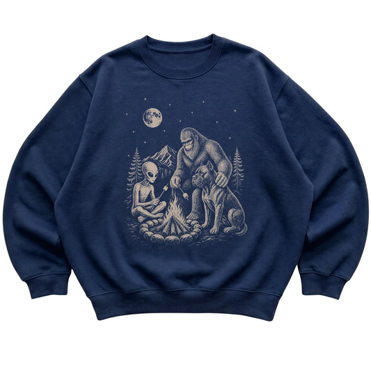 Navy Cane Corso Camping with Bigfoot and Alien shirt laid flat