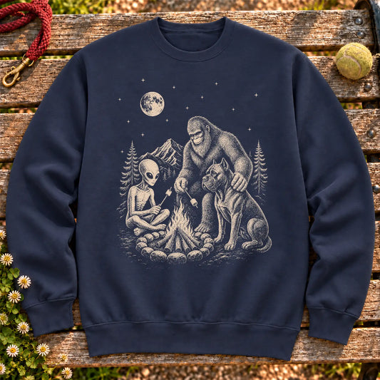 Cane Corso Camping with Bigfoot and Alien on a Navy crewneck sweatshirt, shown flat