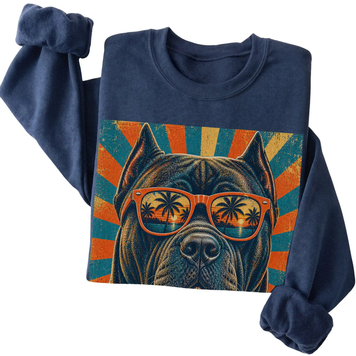 Folded Navy crewneck sweatshirt with a Retro Cane Corso Dad design
