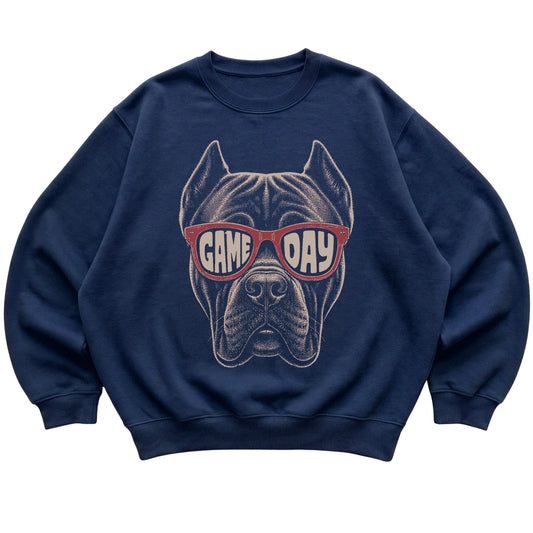 Navy Cane Corso Game Day Sunglasses sweatshirt, laid flat