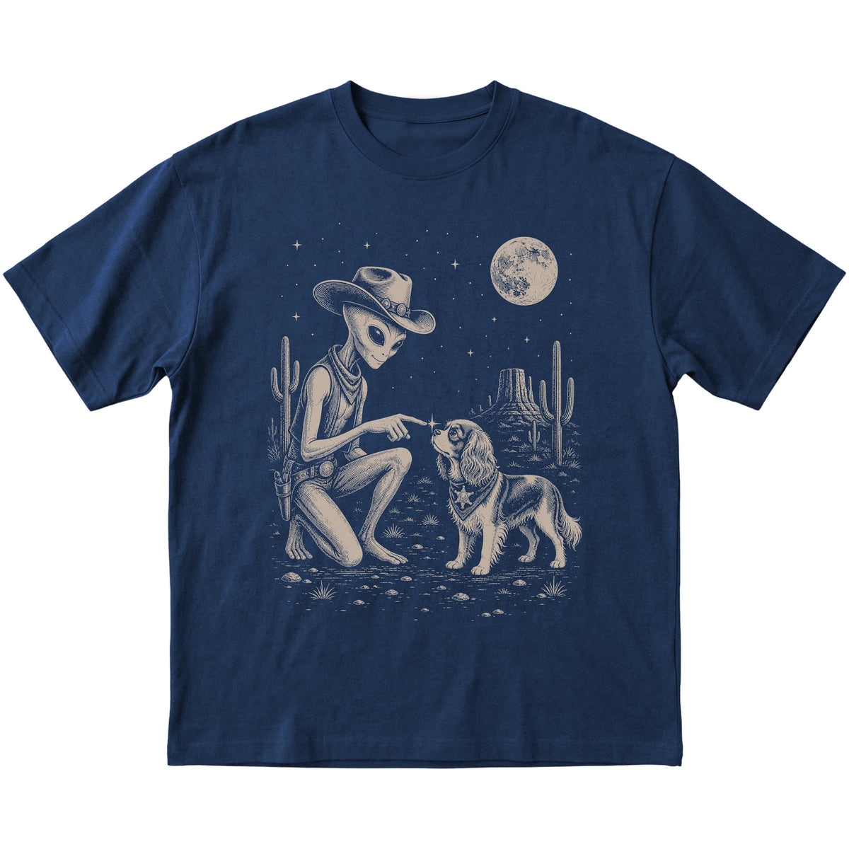 Navy T-shirt featuring Yorkie Cowboy and Alien, laid-flat presentation