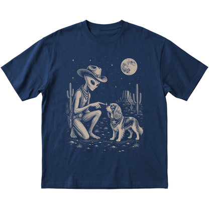 Navy T-shirt featuring Yorkie Cowboy and Alien, laid-flat presentation