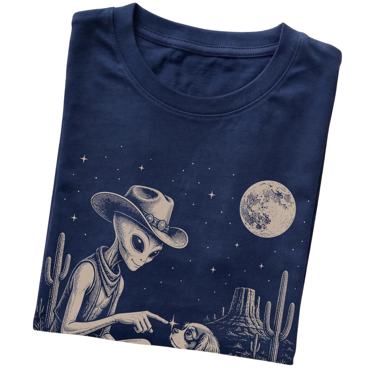 Navy T-shirt featuring Yorkie Cowboy and Alien, folded presentation