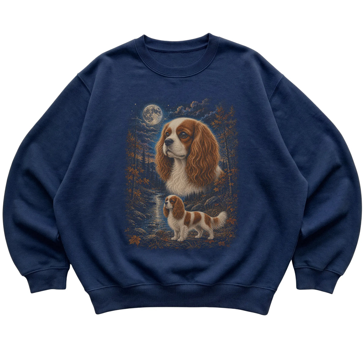 navy sweatshirt with Cavalier King Charles Spaniel Autumn Moon artwork.