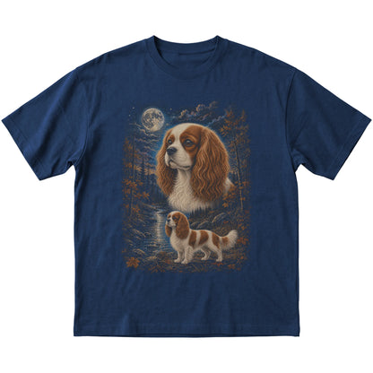 navy T-shirt with Cavalier King Charles Spaniel Autumn Moon artwork.