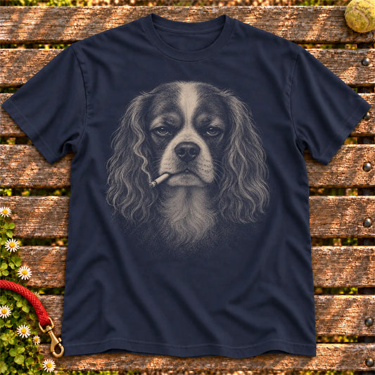 Cavalier King Charles Spaniel smoking design on a Navy t-shirt