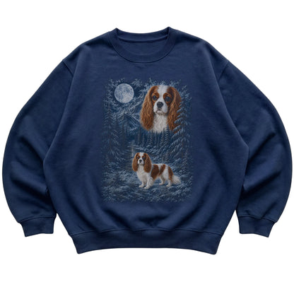 navy sweatshirt with Cavalier King Charles Spaniel Winter Moon artwork.