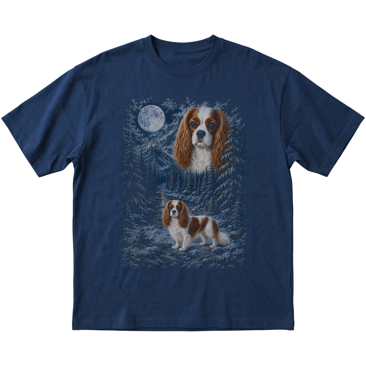 navy T-shirt with Cavalier King Charles Spaniel Winter Moon artwork.