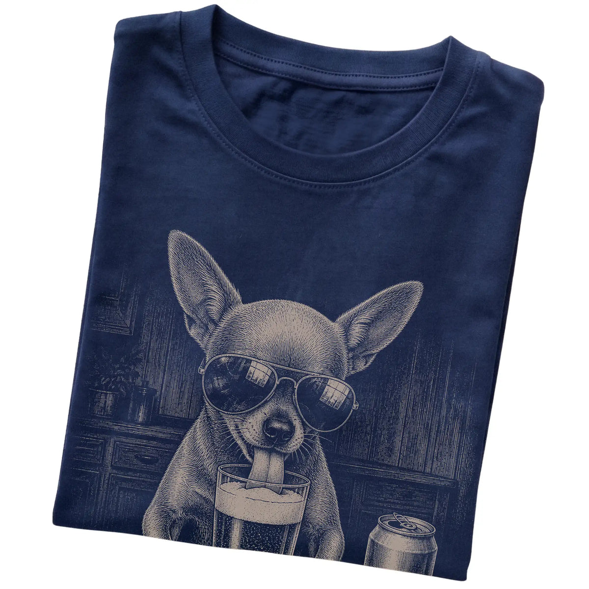 Navy Chihuahua drinking from a pint at a bar, folded detail view
